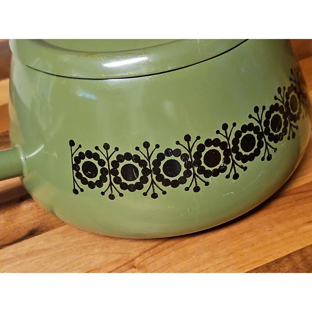 Vintage Green Enamel Fondue Pot Saucepan Floral MCM Boho Wood Handle 1970s
